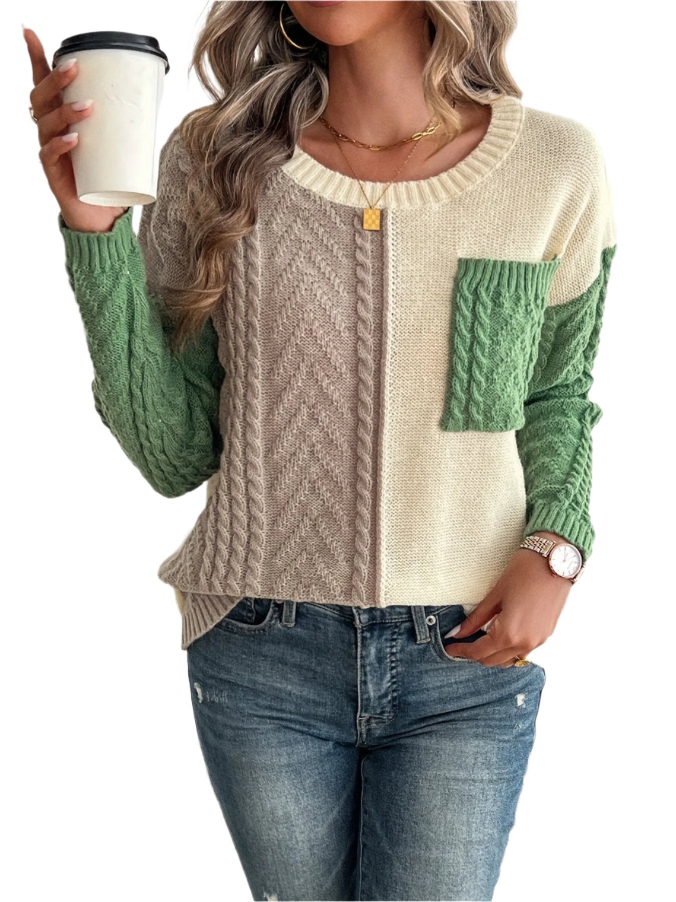 Monique - Damen Casual Drop Shoulder Langarm-Pullover mit Farbe Block Kabel stricken Aran für Herbst und Winter